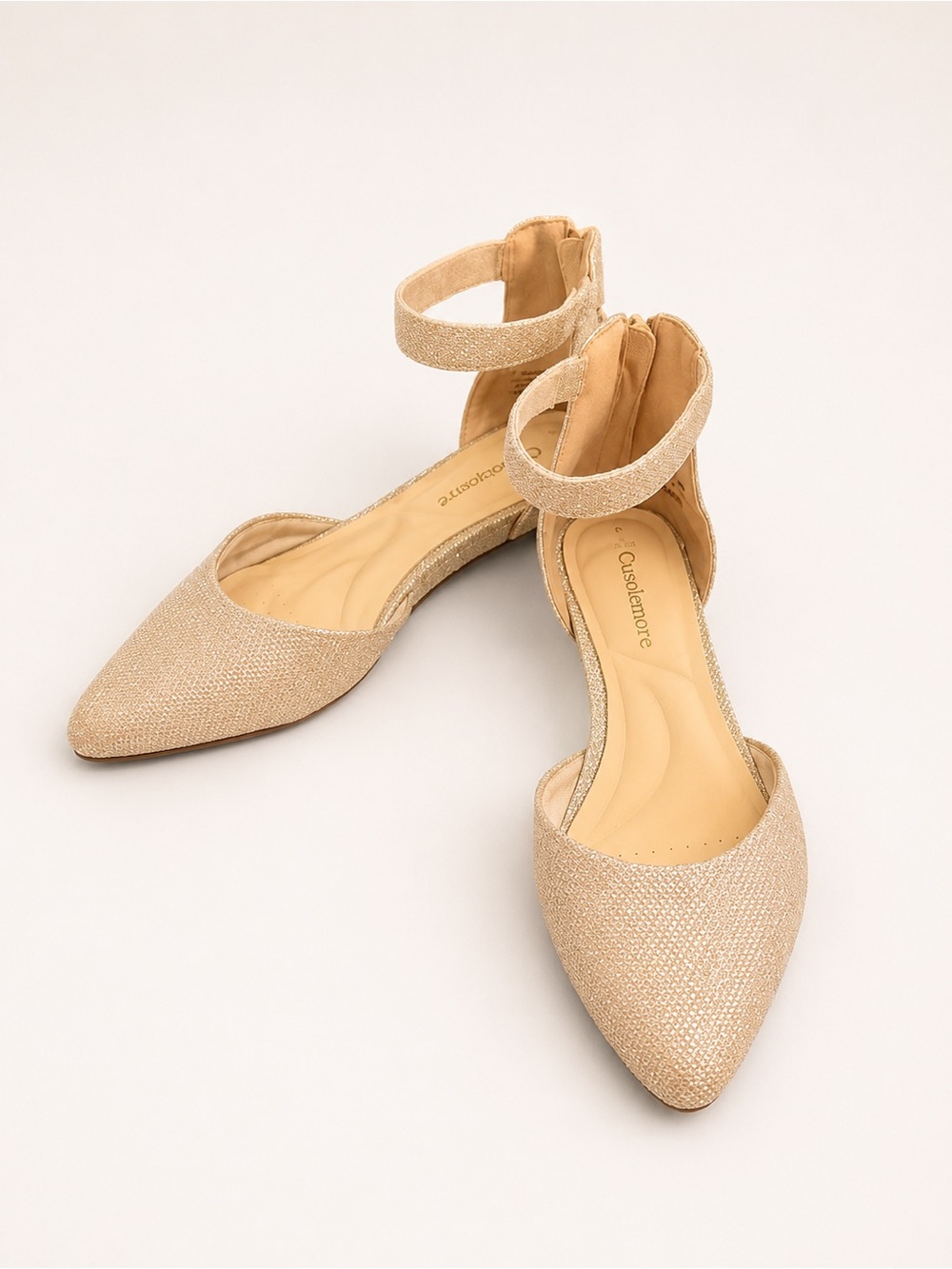 Champagne Glitter Pointed-Toe Ankle Strap Low Wedge Flats | Size 6